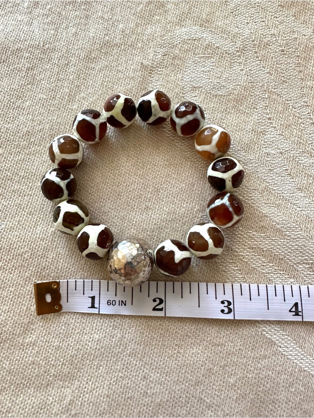 Chunky Agate-Look Faceted Bead Stretch Bracelet Hammered Silver Tone Boho - Picture 8 of 8